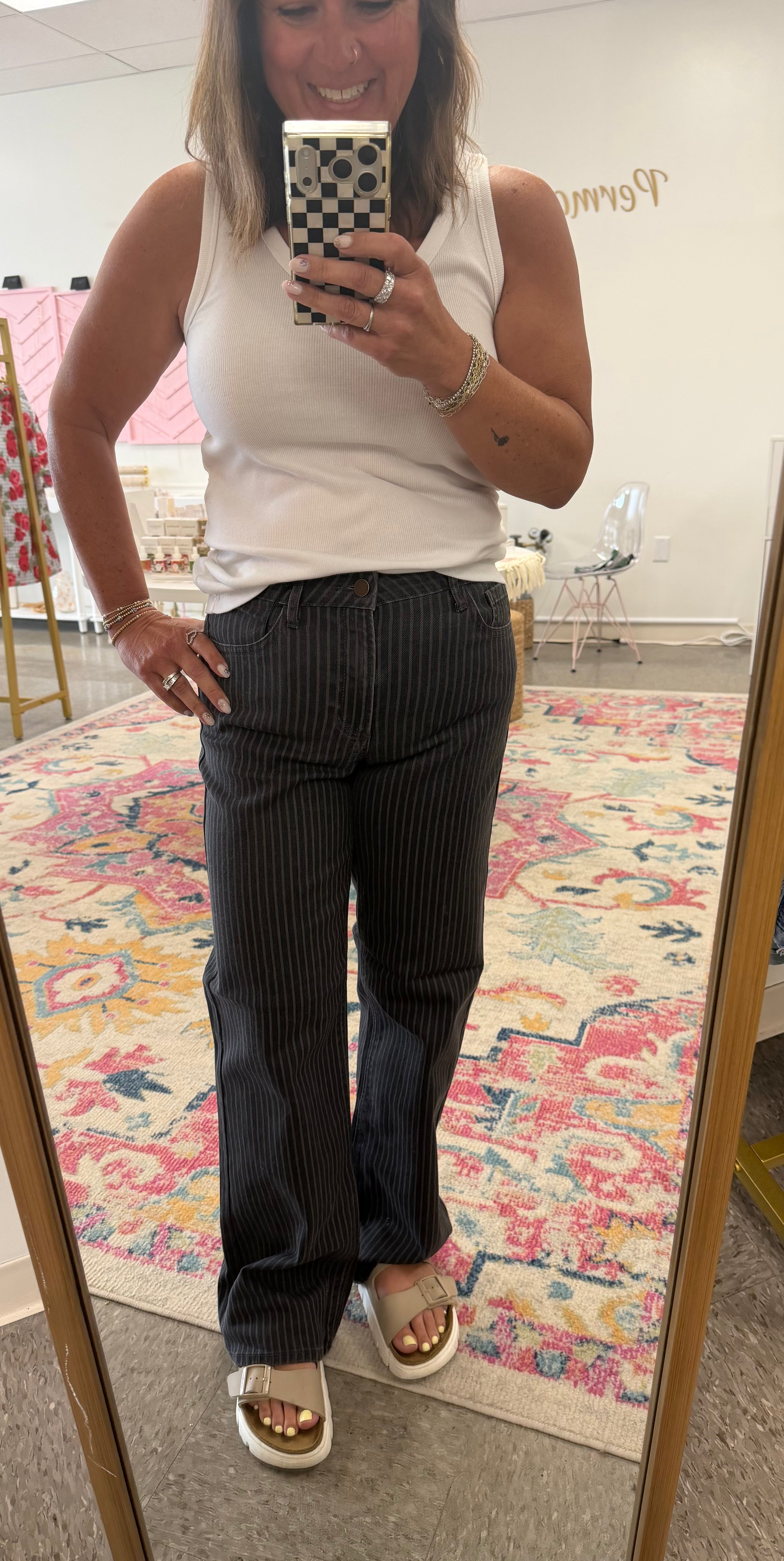 HIGH RISE GREY STRIPE STRAIGHT LEG