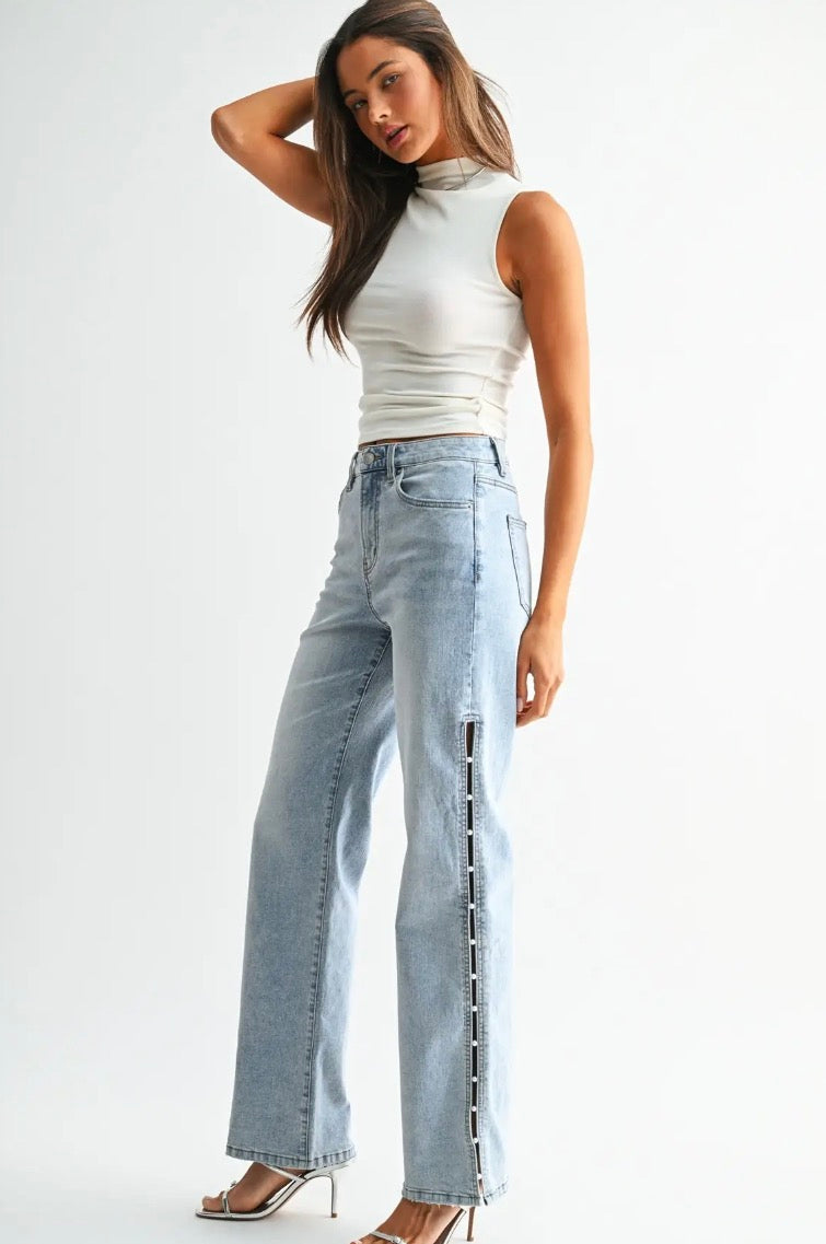 High rise embellished side panel denim