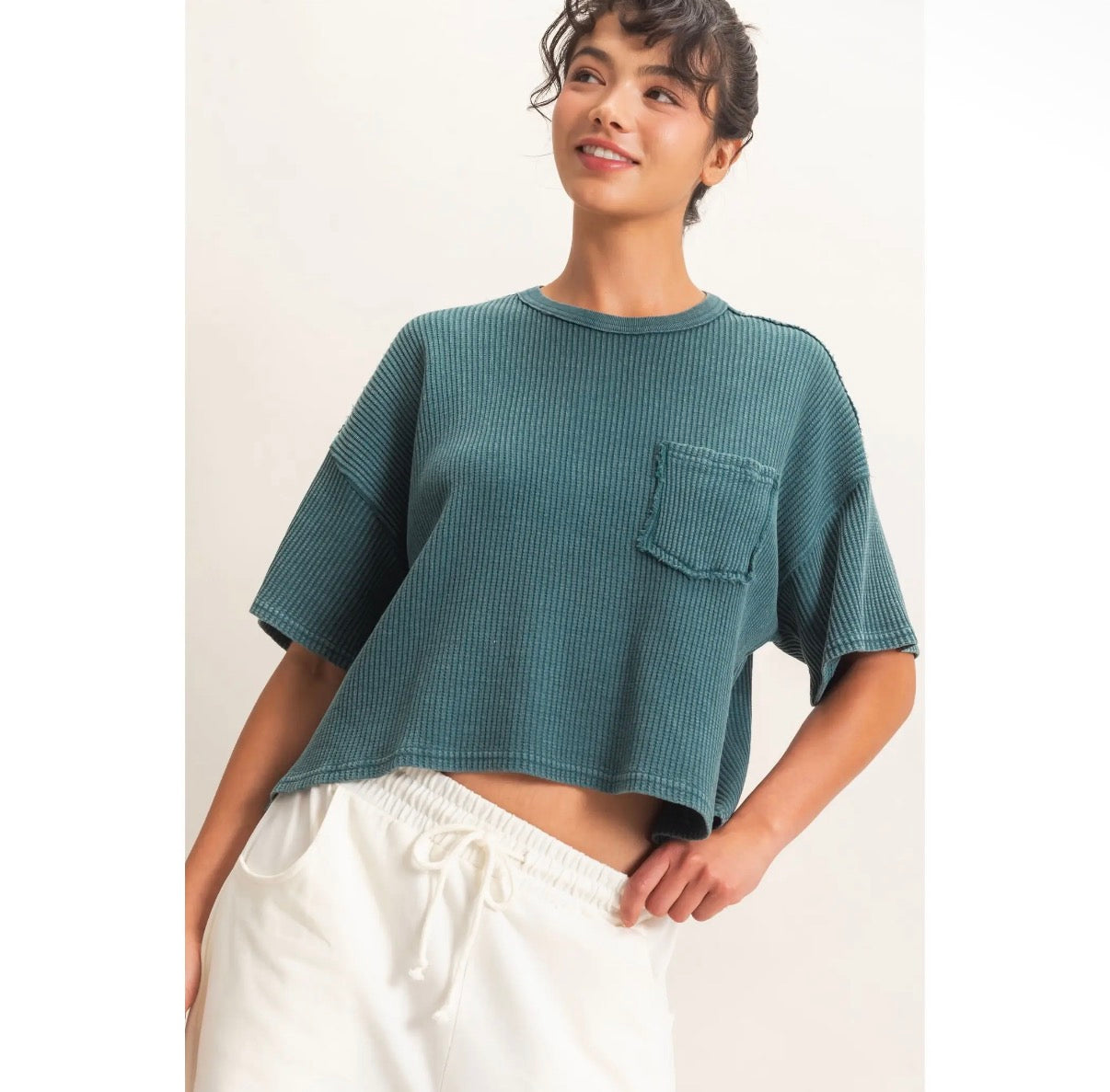 Mineral Wash Waffle Knit Pocket Top