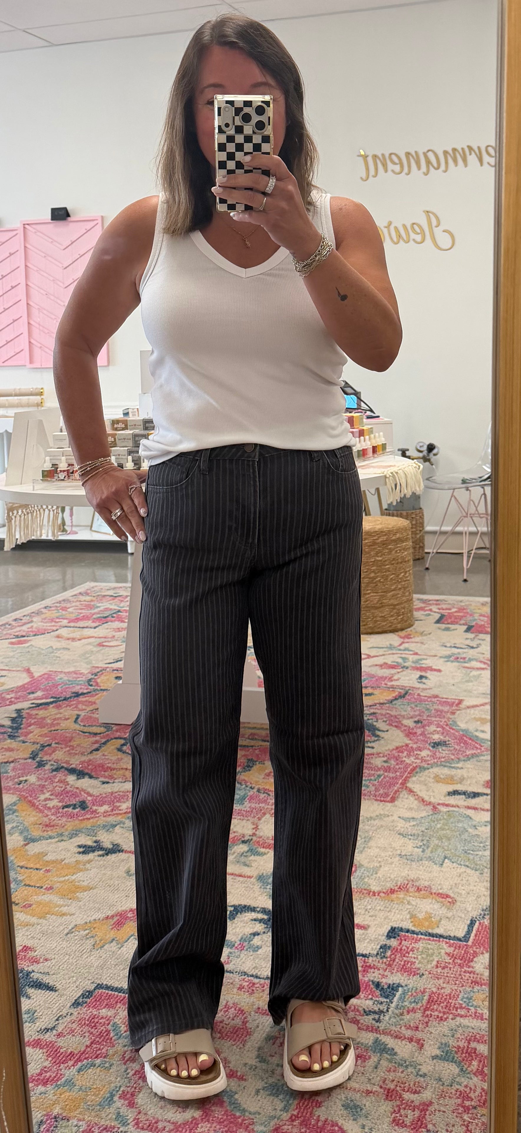 HIGH RISE GREY STRIPE STRAIGHT LEG