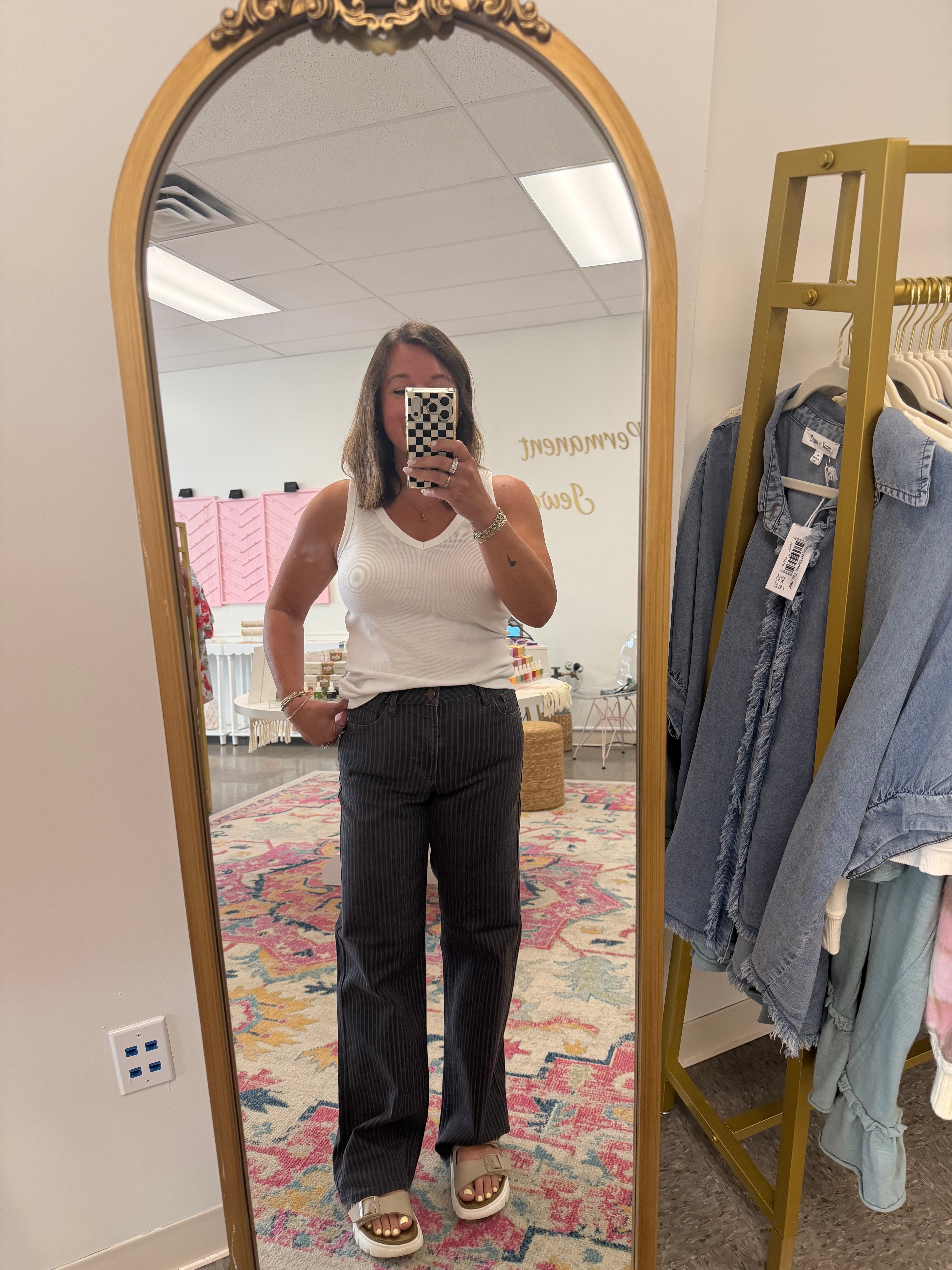 HIGH RISE GREY STRIPE STRAIGHT LEG