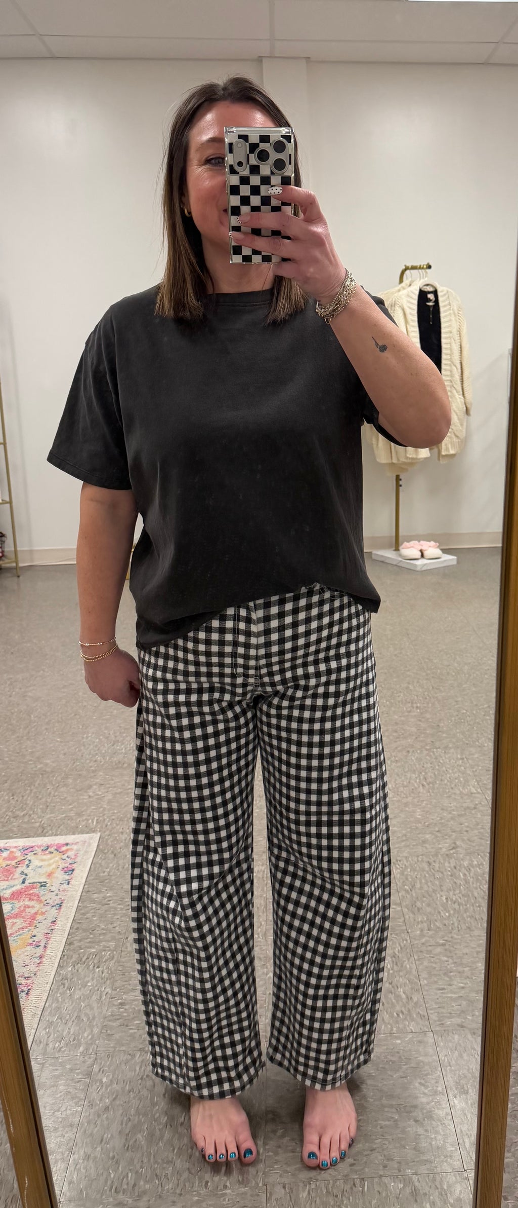 Black gingham barrel jean