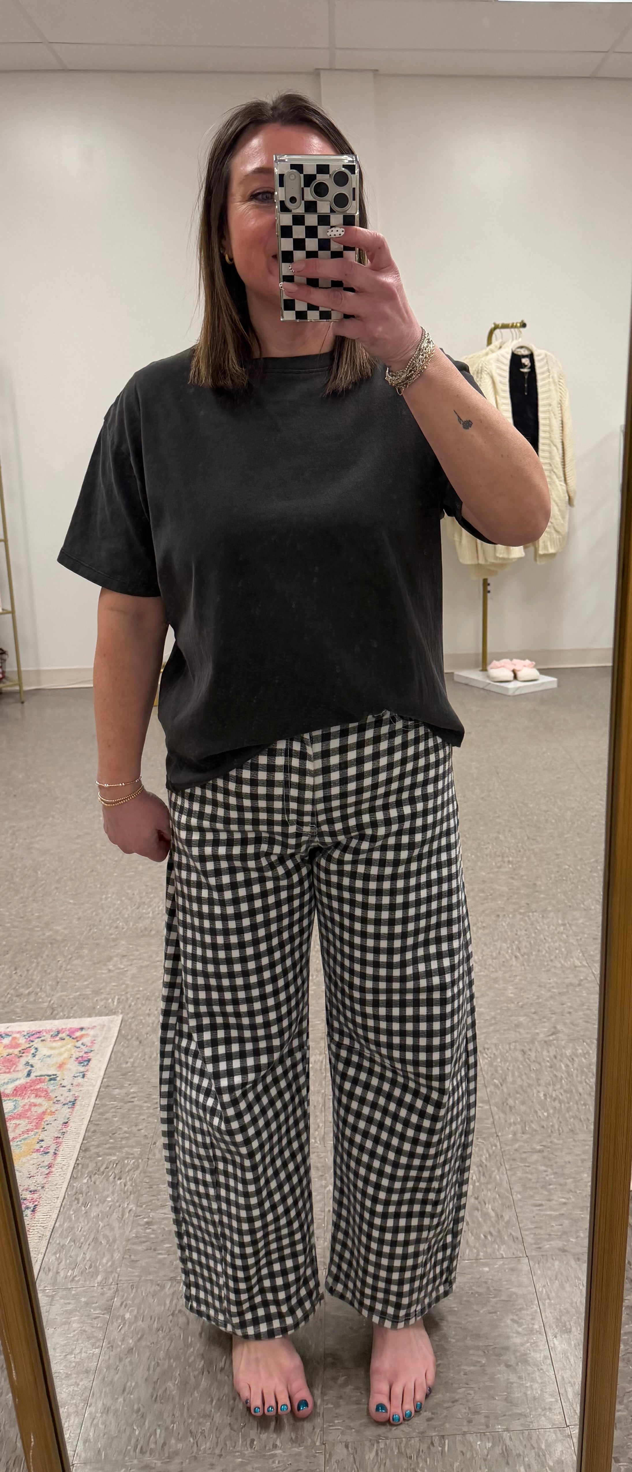 Black gingham barrel jean