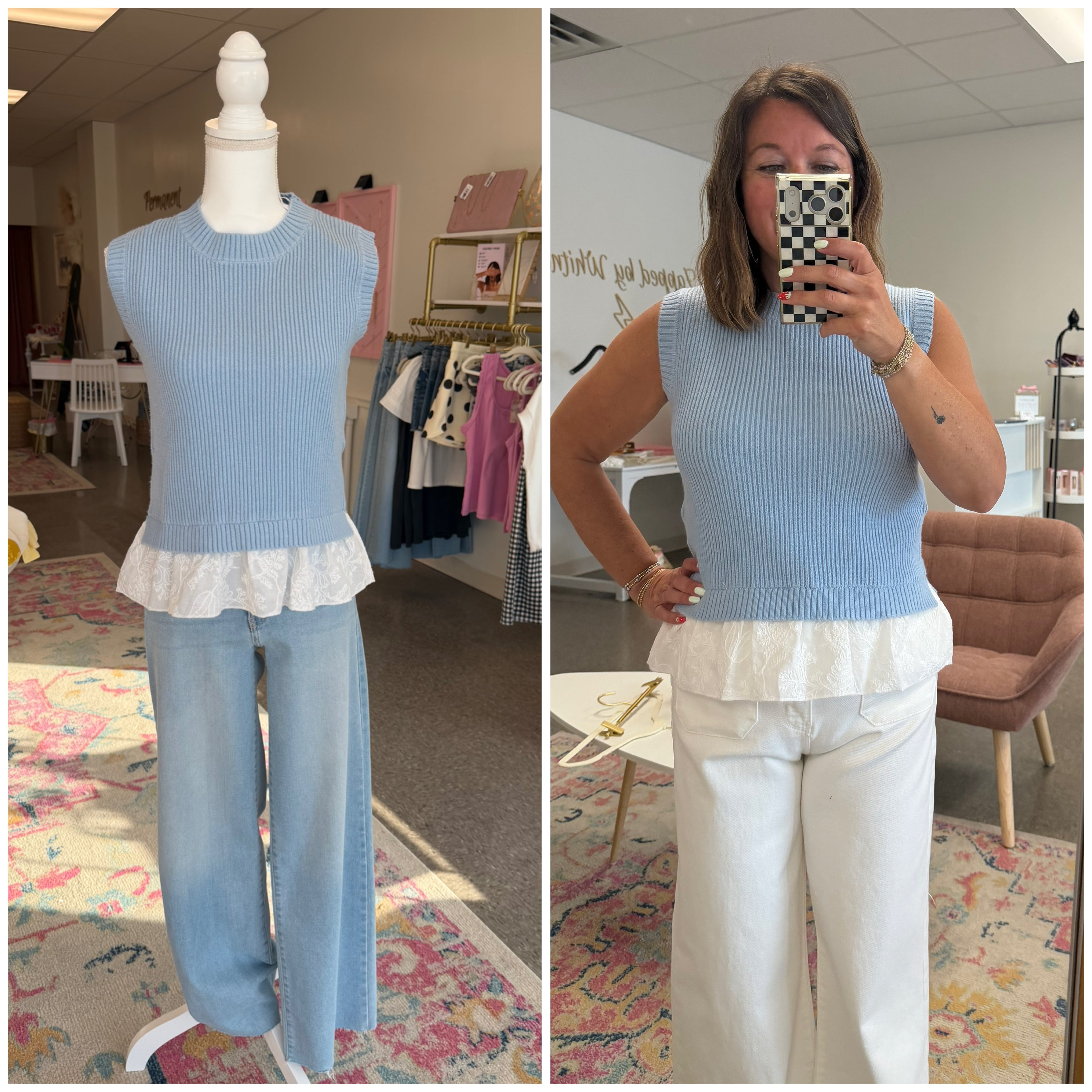 Eyelet layered ribbed sweater